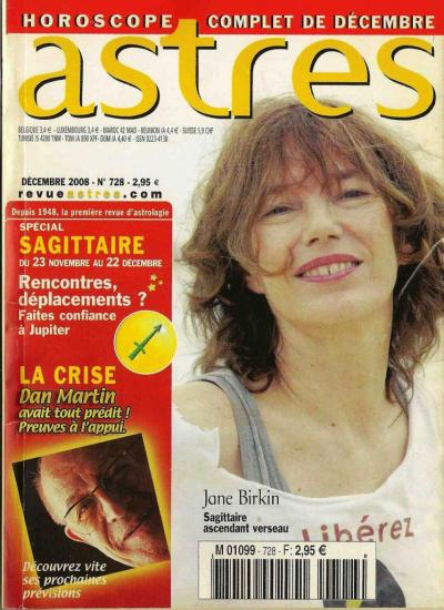 Jane Birkin couverture magazine Astres n° 728 décembre 2008