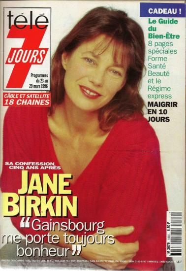 Jane Birkin couverture magazine Télé 7 jours du 23 au mars 1996 n° 1869