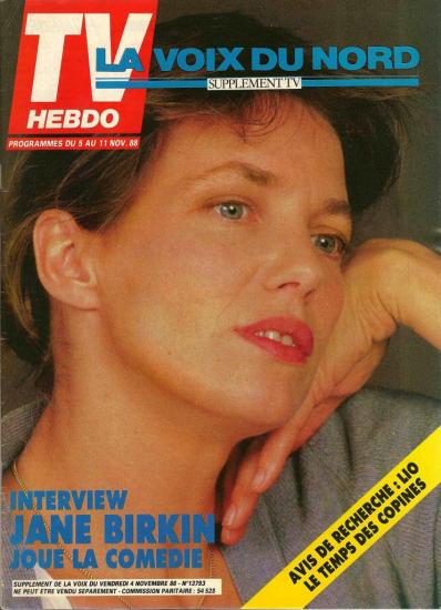 Jane Birkin couverture magazine TV Hebdo supplément TV La voix du Nord n° 13793 du 4 novembre 1988