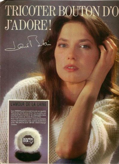 Jane Birkin publicité laines catalogue Bouton d'Or 4eme de couverture Paris Match