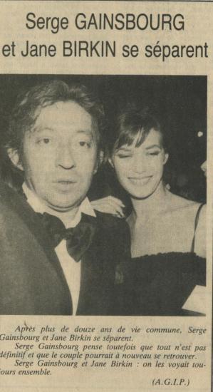 Jane Birkin et Serge Gainsbourg séparation article presse française